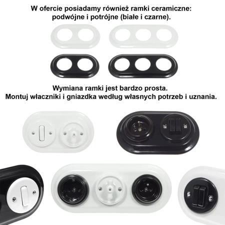 Włącznik światła podwójny z ramką, ceramiczny, montaż podtynkowy, kolor biały Ceramic Loft