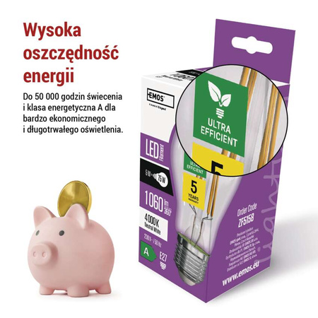 Żarówka LED E27 bańka A60, 5 W, odpowiednik 75 W, neutralna biel, 1060 lm, filament, EMOS ZAR-E-ZF5158