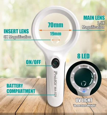 Lupa z podświetlaniem LED+UV 2.5/6x MA-029 Proskit