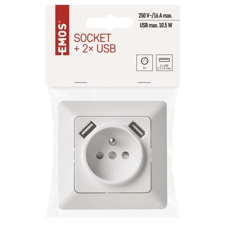 Gniazdo elektryczne z uziemieniem + 2 porty USB 2.1A, montaż podtynkowy, kolor biały, EMOS A6000.0