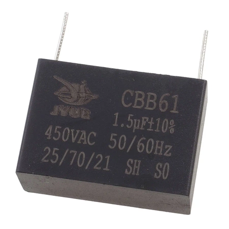 Kondensator rozruchowy do silnika 1,5µF 450VAC, CBB61, do druku, raster 32mm, 38 × 20 × 26 mm