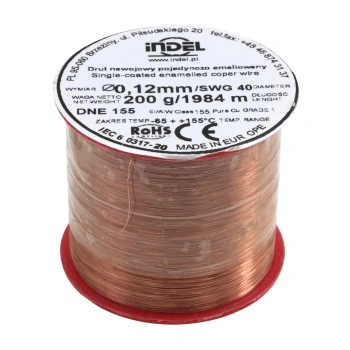 Drut nawojowy emaliowany, 0,12mm, miedź Pure Cu Grade 1, klasa cieplna 155°C, szpulka 200g, ok. 1984m, Indel