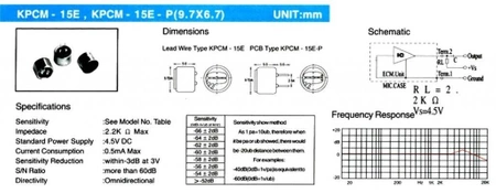 Mikrofon pojemnościowy elektretowy 9,7 × 6,7 mm, 4,5 V, z wyprowadzeniami pinowymi, KPCM15E-P