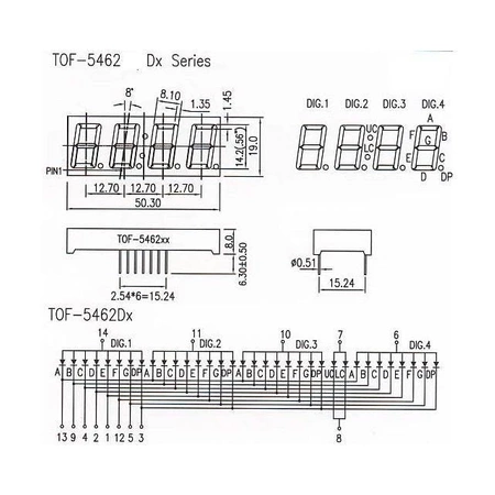 Wyświetlacz LED 7 segmentowy 0.56'' 14.2mm, 4 znaki, czerwony, WA