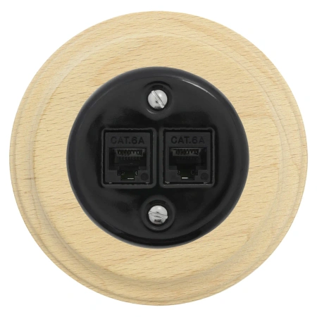 Gniazdo Ethernet Cat6 x2 okrągłe czarne z ramką jasne drewno, montaż podtynkowy, Ceramic Loft