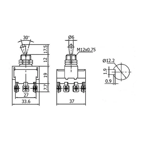 Przełącznik dźwigniowy KN3B-402 ON-ON 4PDT, 12 wyprowadzeń, 10 A / 125 V AC; 6 A / 250 V AC