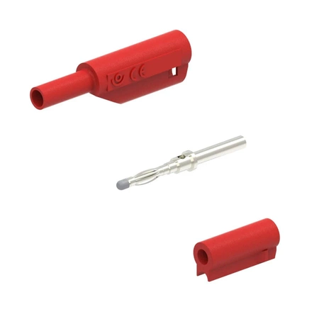 Wtyk bezpieczny 2mm z tuleją stałą i gniazdem 2mm, przykręcany, czerwony