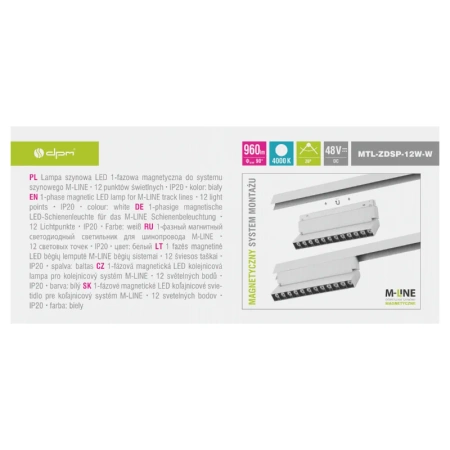 Reflektor szynowy magnetyczny liniowy regulowany 12W 960lm 4000K biały M-LINE