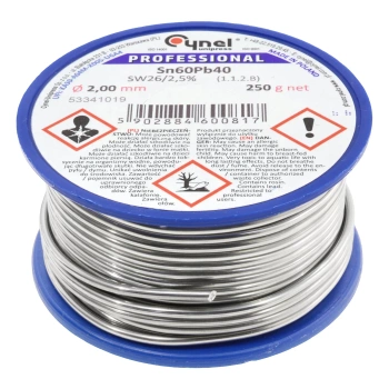Cyna lutownicza Sn60Pb40 z topnikiem SW26, średnica 2 mm, szpula 250 g, Cynel