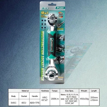 Klucz nasadowy wielofunkcyjny HW-318 Proskit 8-19mm, 5/16''-3/4''