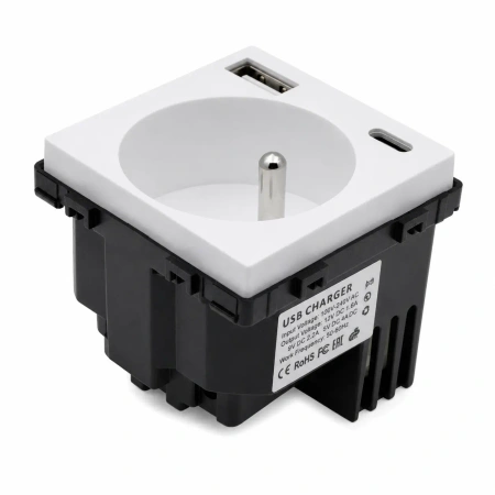 Gniazdko elektryczne z uziemieniem z USB A+C 20W białe podtynkowe (moduł bez ramki) - TAWOIA GLASS
