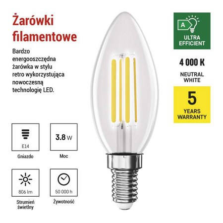 Żarówka LED E14 świeczka, 3,8 W, odpowiednik 60 W, neutralna biel, 806 lm, filament, EMOS ZAR-E-ZF3A43