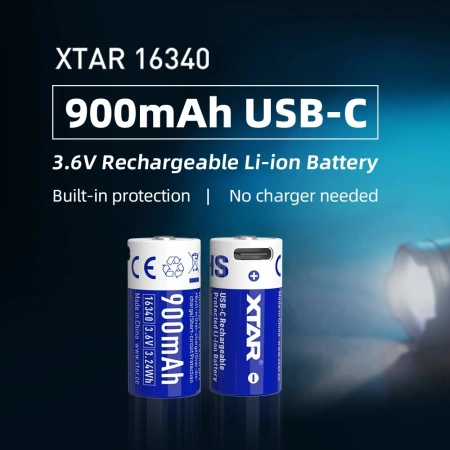 Akumulator Li-Ion 16340 / R-CR123 3.7V 900mAh Z USB i z zabezpieczeniem, Xtar