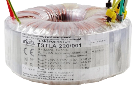 Transformator toroidalny lampowy TSTLA 220/001, 220VA, 270V-0-270V + 0-5-6,3V + 2 × 6,3V, Indel