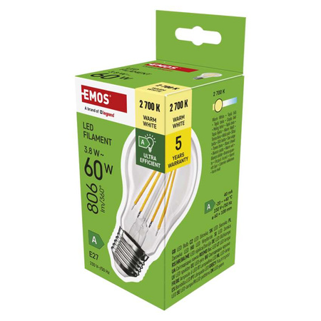 Żarówka LED E27 bańka A60, 3,8 W, odpowiednik 60 W, ciepła biel, 806 lm, filament, EMOS ZAR-E-ZF5147