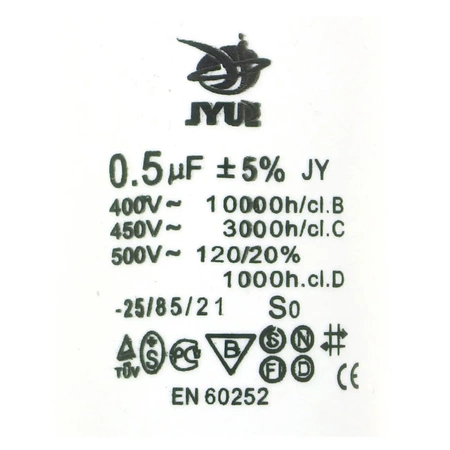 Kondensator rozruchowy do silnika 0,5µF 450VAC, CBB60, konektory, Ø30 × 56 mm