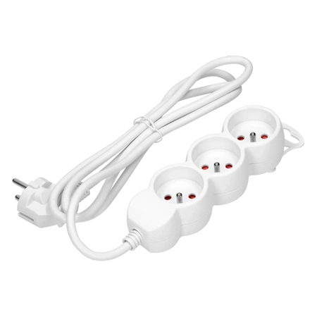 Przedłużacz 3 gniazda, kabel 1.5m, płaska wtyczka, 16A, 3G1.5, biały