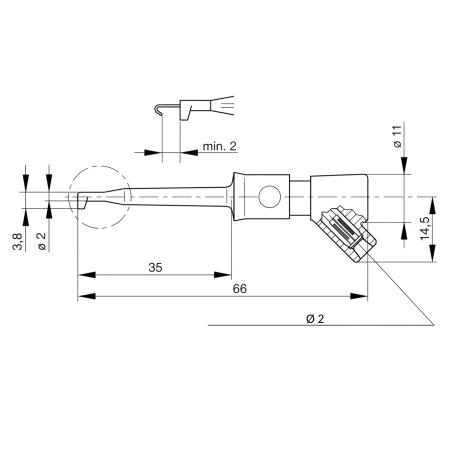 Chwytak haczykowy miniaturowy 66mm z gniazdem 2mm, czerwony