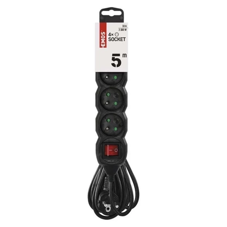 Przedłużacz 4 gniazda, przewód 5 m, 10 A, przekrój 1 mm², z włącznikiem, z uziemieniem, czarny, Emos