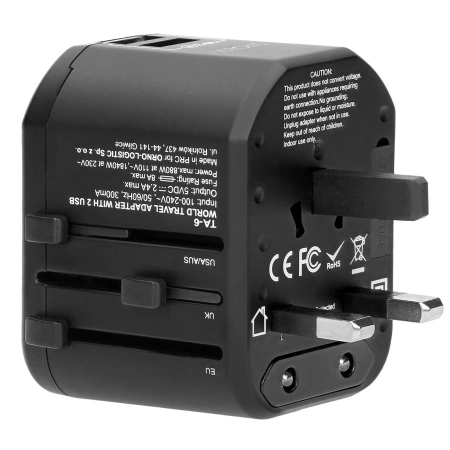 Adapter podróżny Virone TA6 Go World USB - Adapter turystyczny do gniazdek USA UK EU AUS 2×USB 2,4A czarny