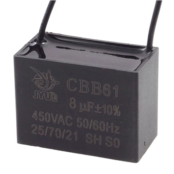 Kondensator rozruchowy do silnika 8µF 450VAC, CBB61, przewody ok. 10 cm, 46 × 25 × 35 mm