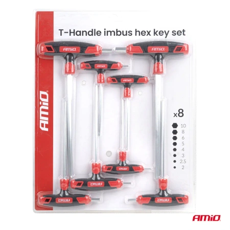 Klucze imbusowe z rękojeścią T 2–10 mm, zestaw 8 szt., stal Cr-V, AMIO-04826