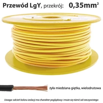 Przewód instalacyjny miedziany jednożyłowy LgY 0,35 mm2, linka giętka, żółty