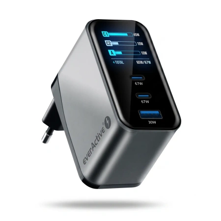 Ładowarka sieciowa GaN LCD 67W 2x USB-C PD + USB-A - everActive SC-670Q PRO