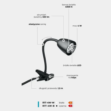 Lampka LED z klipsem czarna, 4W, 320lm, zasilanie 230V