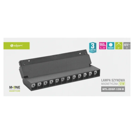 Reflektor szynowy magnetyczny liniowy regulowany 12W 960lm 4000K czarny M-LINE
