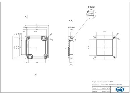 Obudowa hermetyczna ZP75.75.45UJH, 75 × 76 × 45 mm, ABS, jasnoszara, z uchem, Kradex