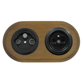 Gniazdo TV/SAT + Gniazdo elektryczne okrągłe czarne z ramką podwójną ciemne drewno, montaż podtynkowy, Ceramic Loft