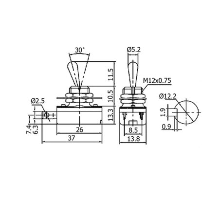 Włącznik ON-OFF KNH1 kątowy 2-poz. pojedynczy SPST 2P