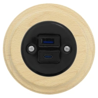 Gniazdo USB A+C 4A okrągłe czarne z ramką jasne drewno, montaż podtynkowy, Ceramic Loft