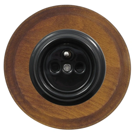 Gniazdo elektryczne okrągłe czarne z ramką ciemne drewno, montaż podtynkowy, Ceramic Loft