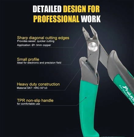 Szczypce cążki tnące boczne precyzyjne, Cu 1.3mm, 135mm, Proskit PM-101D