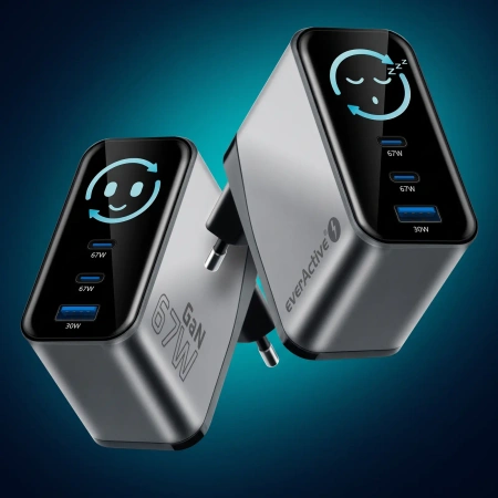 Ładowarka sieciowa GaN LCD 67W 2x USB-C PD + USB-A - everActive SC-670Q PRO