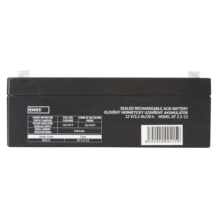Akumulator żelowy bezobsługowy, 12 V, 2,2 Ah, 178 × 35 × 61 mm, 0,95 kg, EMOS B9672