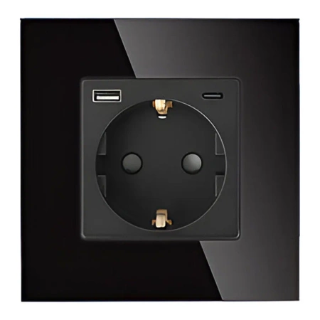 Gniazdo elektryczne pojedyncze Schuko z USB A+C 20W - szklana ramka - czarne - Tawoia Glass