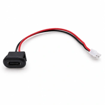 Gniazdo USB-C panelowe na zatrzask, zasilanie 5 V, 2 przewody 10 cm z wtykiem JST PH 2,0 mm, czarne