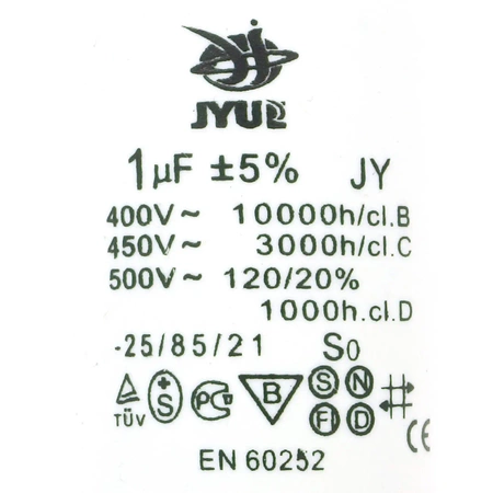 Kondensator rozruchowy do silnika, CBB60 1uF 450Vac 30x56mm konektor