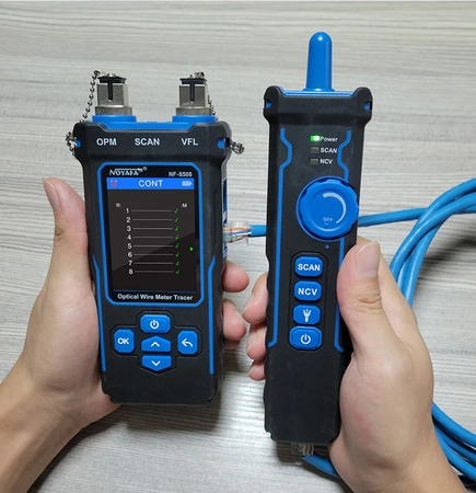Tester okablowania i miernik mocy optycznej LCD, RJ-45, RJ-11, BNC z szukaczem par, pióro świetlne VFL Noyafa NF-8508