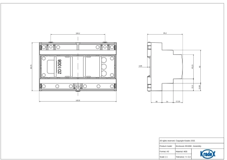 Obudowa modułowa na szynę DIN ZD1008J, 89,8 × 142,8 × 65,2 mm, ABS, szara, Kradex