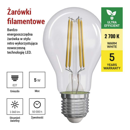 Żarówka LED E27 bańka A60, 5 W, odpowiednik 75 W, ciepła biel, 1060 lm, filament, EMOS ZAR-E-ZF5157
