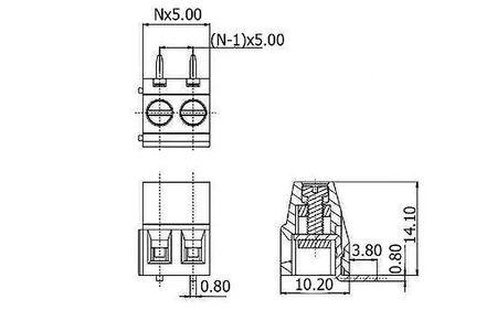 Złącze śrubowe 3 pola, raster 5, h=10.2mm kątowe DG128