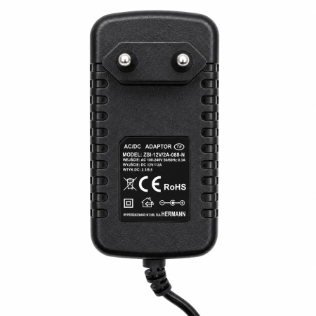 Zasilacz impulsowy wtyczkowy 12 V 2 A 24 W, wtyk DC 5,5/2,1 mm, plus na środku - Hermann ZSI-12V/2A-088-N