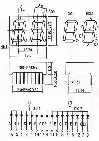 Wyświetlacz LED 7 segmentowy 0.56'' 14.2mm, 2 znaki, niebieski, WA