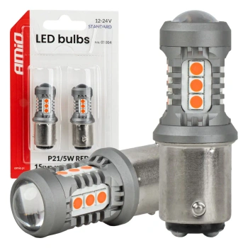 Żarówki LED P21/5W BAY15D czerwone stop-pozycja, 12/24 V, 15 diod SMD 3030, 2 szt. - AMiO 05004