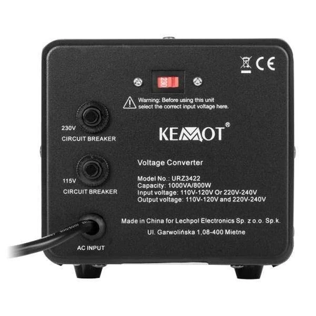 Konwerter napięcia KEMOT 800W/1000VA 2 tryby pracy: 230V>115V/115V>230V