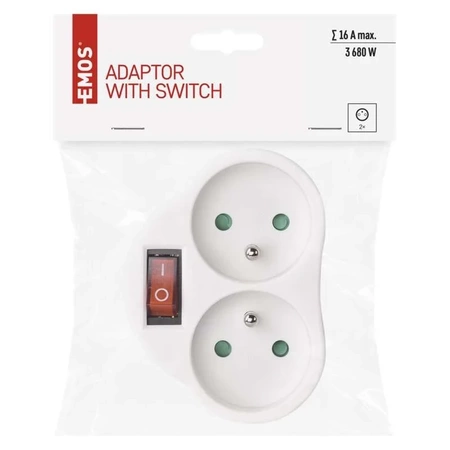 Rozgałęźnik sieciowy 230V, 2 gniazda, 16A, biały, włącznik, EMOS P0062